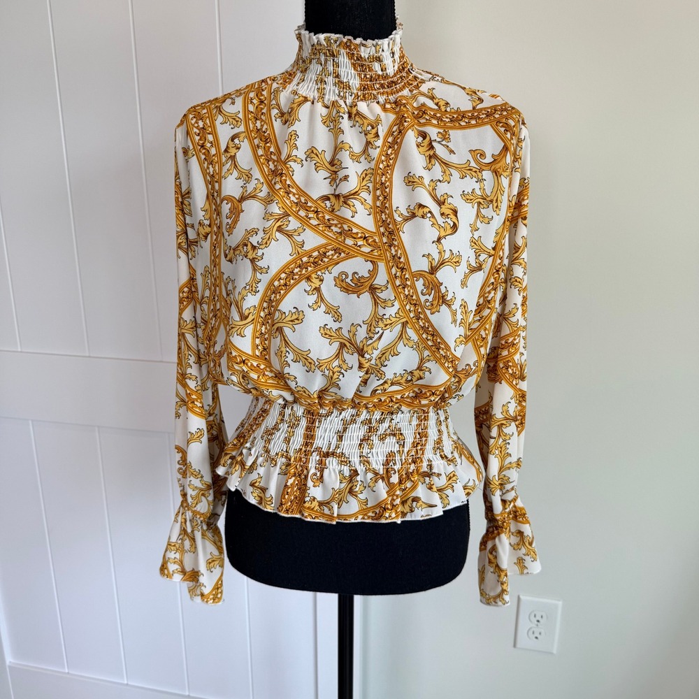 Event B Gold White Baroque Print Smocked Mock Neck Peplum Blouse Top M Euro Chic